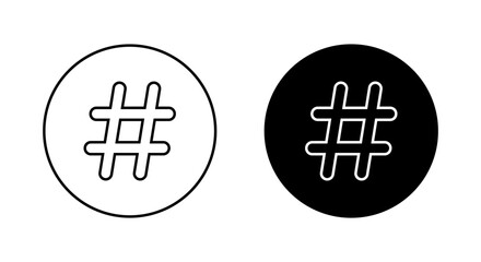 Outline hashtag icon in black circle. Social media keyword symbol
