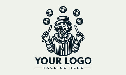 A clown in a hat juggling soccer balls and knives, in a vintage style.