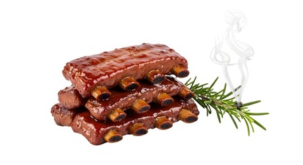 Artisanal Glazed Vegan Ribs with Smoking Rosemary, a Gourmet Pork Alternative, Isolated on White Background.