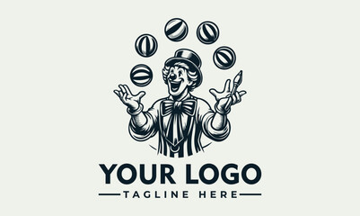 Vintage logo of a joyful clown juggling balls, showcasing a circus theme.