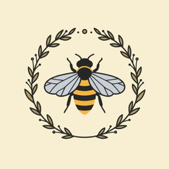 Stylized Bee Icon with Green Leaf Wings on Amber Background