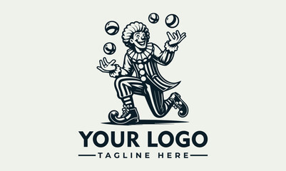 A joyful vintage-style clown logo, skillfully juggling balls while running,  presents a playful and energetic brand identity.