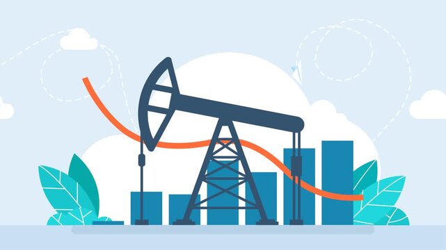 Oil rig on the background of graphs and charts. Falling price. Pumpjack on oil price chart, financial data. Land crude oil drilling rig, derrick, pump jack. Price per barrel. 2d flat animation	