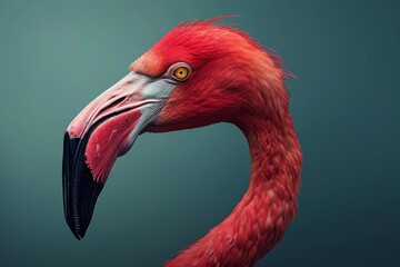 Close up of a pink flamingo bending its long neck against a turquoise background, creating a striking contrast