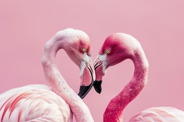 Two flamingos are forming a heart shape with their necks, showcasing love and affection against a vibrant pink backdrop