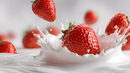 Juicy strawberries splashing into creamy milk creating a delightful fresh dairy swirl.