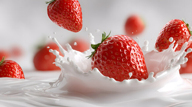 Juicy strawberries splashing into creamy milk creating a delightful fresh dairy swirl. - Powered by Adobe