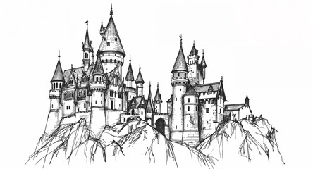 Obraz premium Sketch style black line illustrations of fantasy castles and towers on plain white background