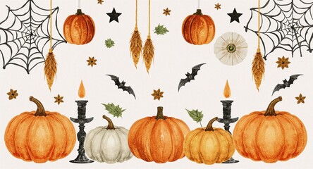Watercolor Halloween decorations with pumpkins cobwebs and candles on plain white background