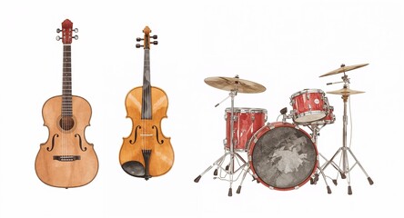 Watercolor musical instrument set with guitar violin and drums on plain white background