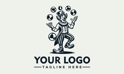 A vintage-style illustration of a clown juggling several balls, wearing a striped suit and top hat.