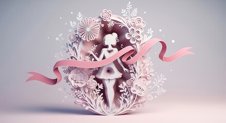 Elegant paper cutout illustration of a woman surrounded by floral embellishments and ribbon