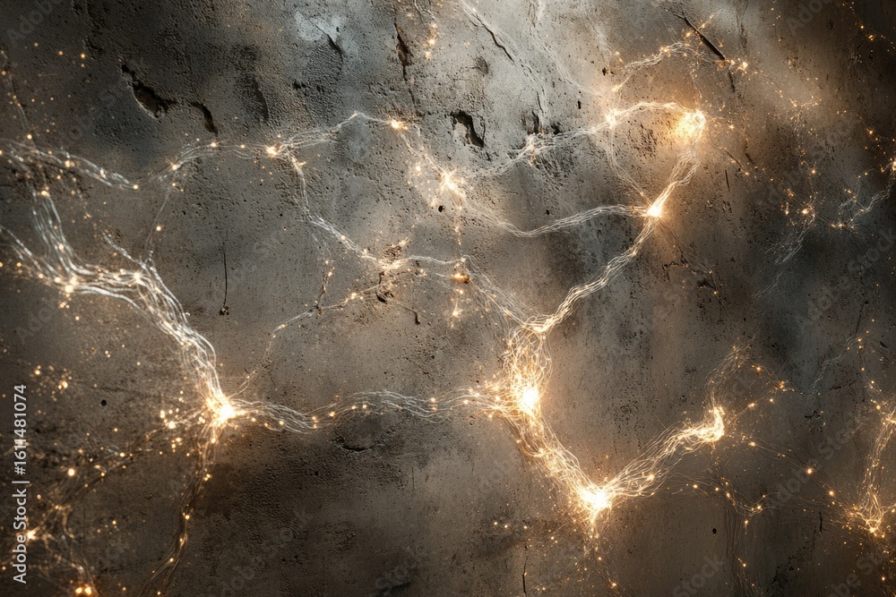 Poster glowing network of lights on a textured concrete wall, creating an abstract and ethereal atmosphere.