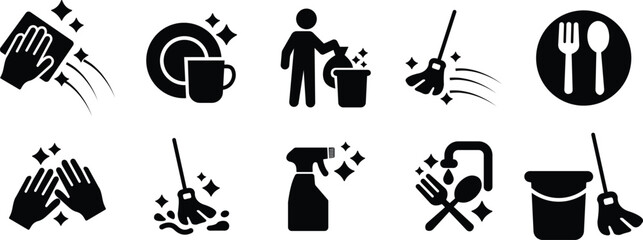 Cleaning icon set, black vector group of hygiene, dishwashing, sanitizing and housekeeping tools in flat style, cleaning equipment collection, disinfect, mop, wipe symbols