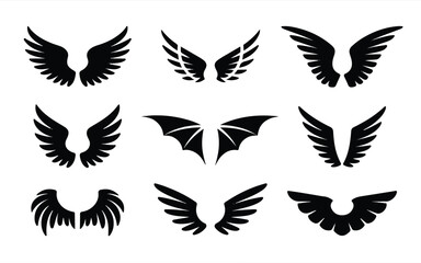 Various wing silhouette vector set with angel, demon and bird wings for logo or tattoo design.