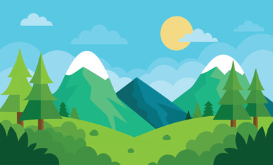 Obraz premium Cartoon Mountain Landscape with Pine Trees and Sunshine