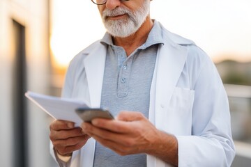 Elderly caucasian male doctor reading notes on smartphone outdoors.