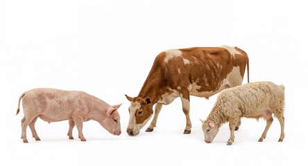 Obraz premium Farm animals including cow pig goat and sheep grazing on plain white background
