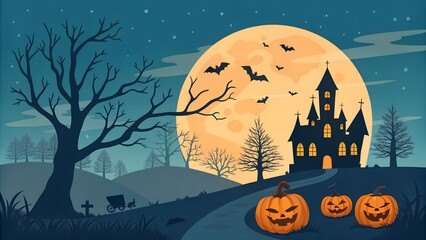 Spooky haunted castle illuminated by a giant full moon on halloween night