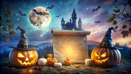 Spooky halloween night scene with jack o lanterns castle and full moon