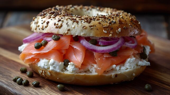 Bagel with lox cream cheese capers and red onion served in a New York deli setting