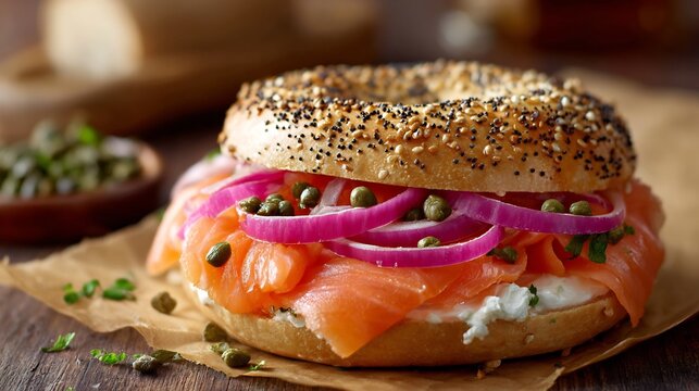 Bagel with lox cream cheese capers and red onion served in a New York deli setting