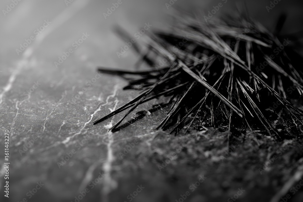 Poster a monochrome close-up reveals a scattered pile of thin, dark, sharp objects on a textured surface.