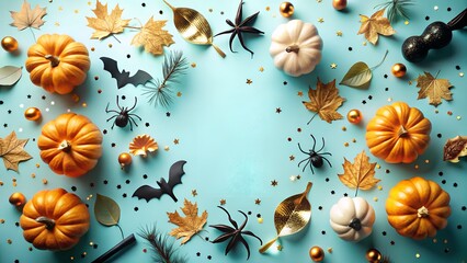 Festive halloween flat lay with pumpkins spiders bats and autumn leaves on teal background