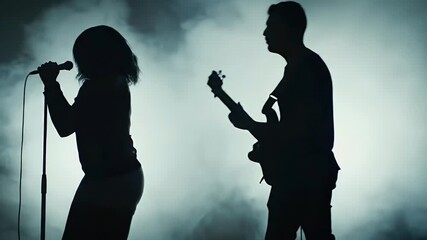 Live Band Silhouettes Performing on Stage with Smoke and Dramatic Backlighting Featuring a Singer and Guitarist Playing Music at a Concert Event