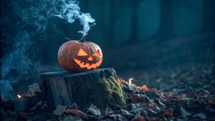 Spooky jack o lantern glowing on a tree stump in a misty forest at night