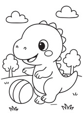 Coloring book dinosaur playing with a ball in a grassy field.