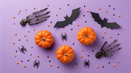 Spooky halloween flat lay with pumpkins bats spiders and confetti on a purple background