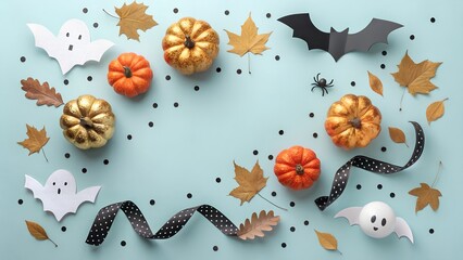 Whimsical halloween flat lay with pumpkins ghosts bats and autumn leaves
