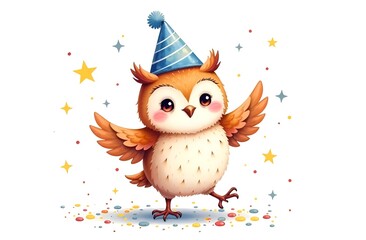 Cute funny owl in a festive blue cap flaps its wings and dances. The background is white with stars around.
