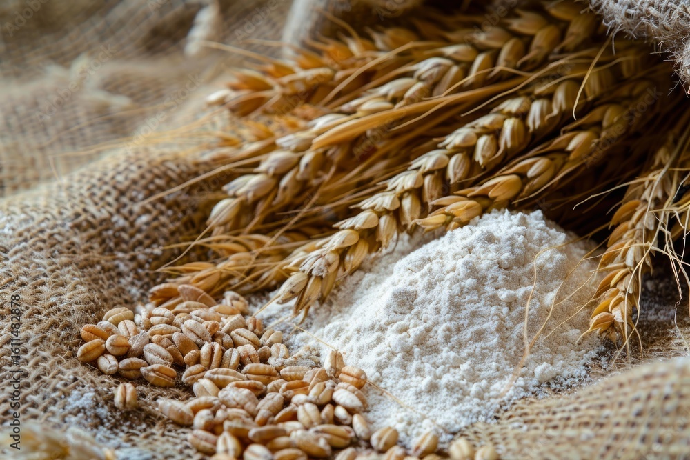 Poster golden ears of wheat, grains, and flour create a rustic scene on a burlap sack, symbolizing the jour