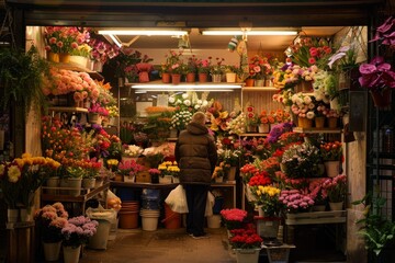 Man selecting a bouquet of flowers in a small florist shop illuminated at night