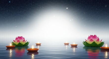 Lotus and Floating Diyas on Water Under Starry Sky