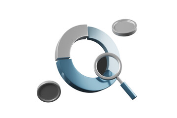 Business planning management with charts and coins, magnifying glass icon for finance business and marketing 3D illustration