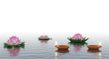 Lotus flowers and candles floating on water