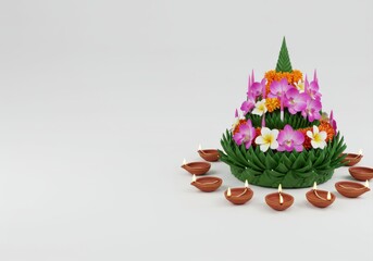 Colorful Krathong with Flowers and Diyas on White Background