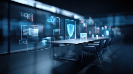 A futuristic office setup with floating transparent digital screens displaying cybersecurity and data analytics in a dark, high-tech environment.