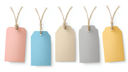 Five blank hanging tags in pastel colors—pink, blue, beige, gray, and yellow—each tied with natural twine, displayed on a white background for labeling or decoration