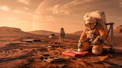 Martian Exploration Astronauts on the Red Planet Conducting Research