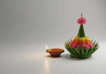 Krathong and lit diya on minimal background