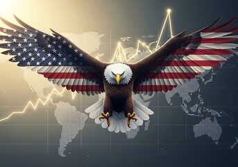 Majestic eagle with american flag wings over world map