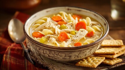 Bowl of chicken noodle soup with tender carrots and celery served with saltine crackers