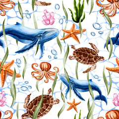 Marine world, marine animals, watercolor seamless pattern