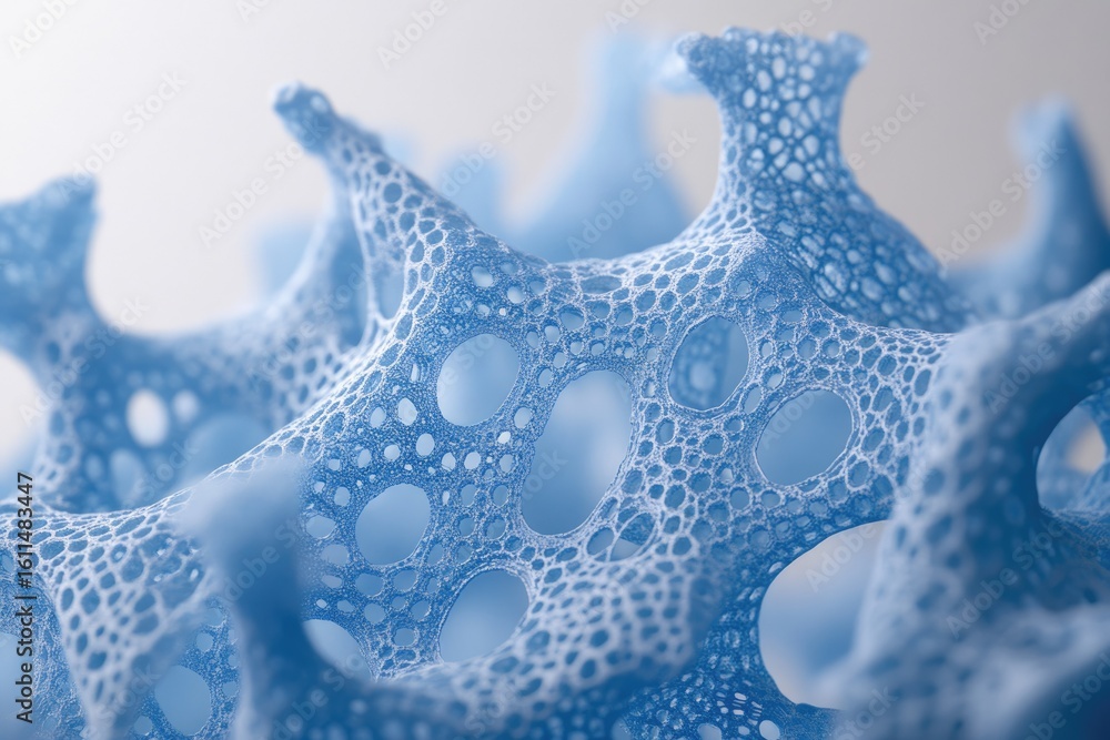 Poster abstract blue porous structure resembling a complex network or cellular foam.