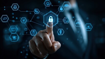 A person is pressing a digital lock icon on a futuristic interface, symbolizing cybersecurity and data protection.