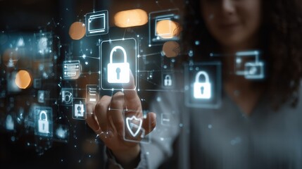 A person interacts with a digital interface featuring multiple glowing padlock icons, symbolizing cybersecurity and data protection in a modern technological environment.